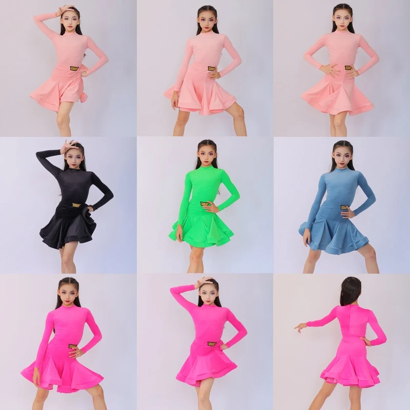 

5 Colors Children'S Ballroom Dance Professional Dress Girls Long Sleeved Velvet Latin Dance Performance Dress Stage Wear SL11180