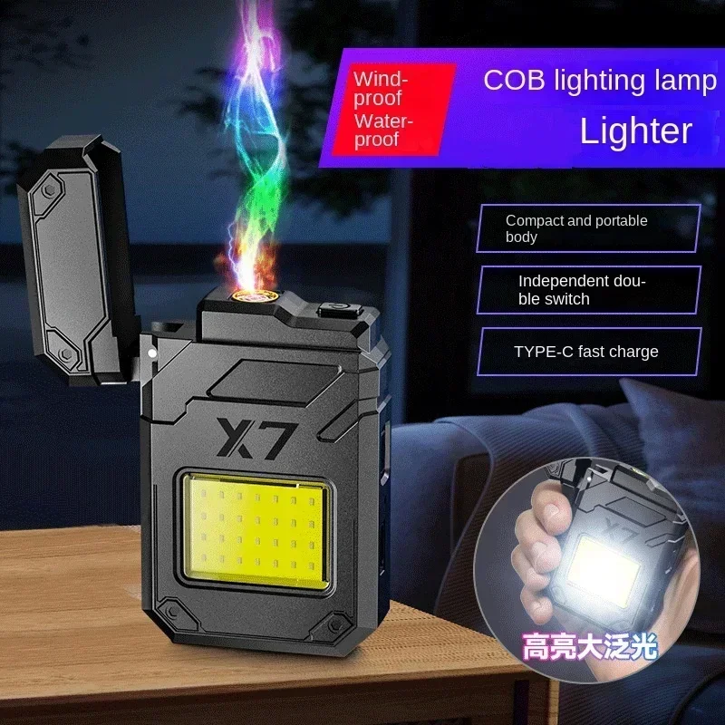 New Arc Lighter Windproof COB Lighting Light Type-c Rechargeable Outdoor Multi Functional Lighter Flashlight Mini Keychain Light