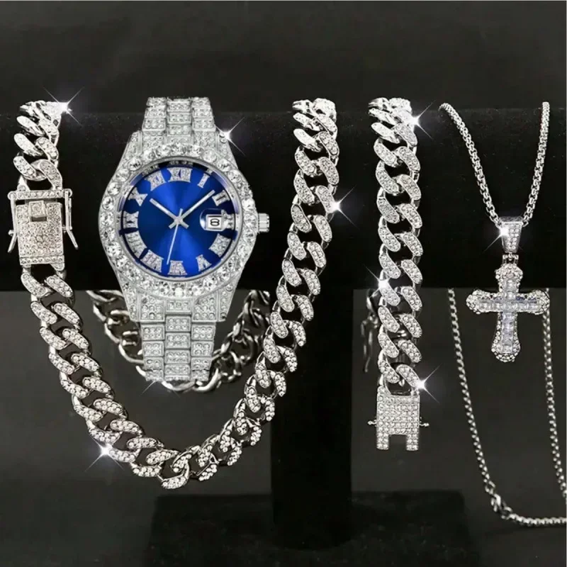 New tricolor watch set with diamonds, Cuban necklace bracelet, and cross four piece large dial