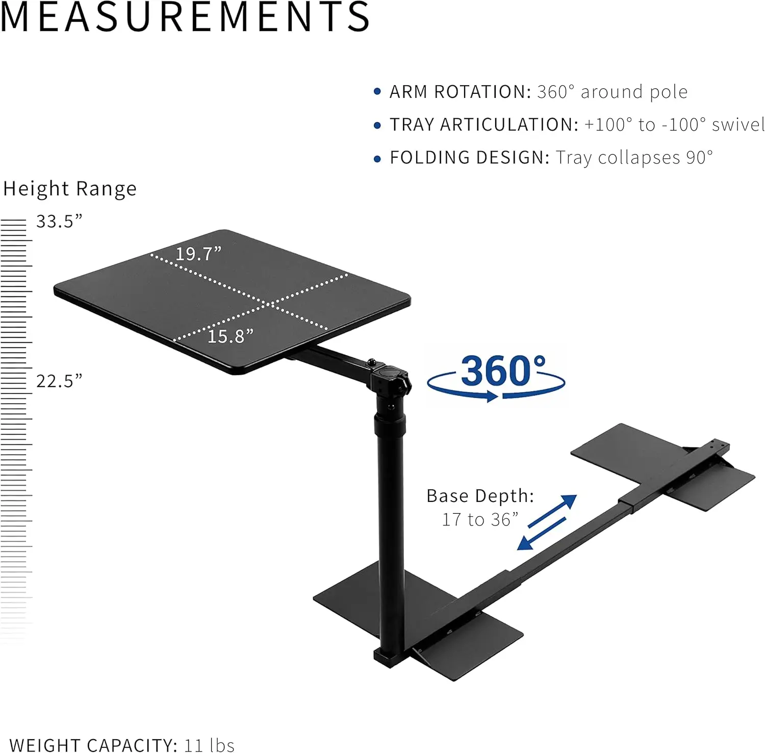 20 inch Over Couch Swivel Table, Laptop Desk for Remote Work, Portable Recliner Workstation with Height Adjustable Swing Arm, Bl