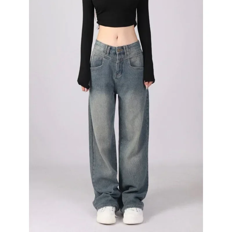 

Retro Washed Straight Leg Jeans for Women in Spring and Autumn, High Waisted and Loose Bottom Pants, Wide Leg Denim Pants