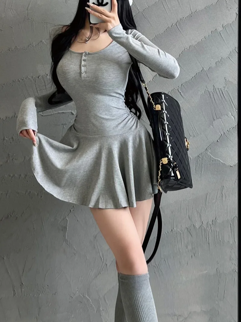Pure Desire Ballet Style U-shaped Collar Fold Long Sleeve Dress Elegant High Waist Shorts Two Piece Set Fashion Sweet Women MYM6