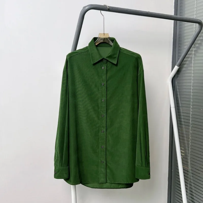 2024 Fall and Winter New Cotton Green Corduroy Classic Basic Shirt Women Tops