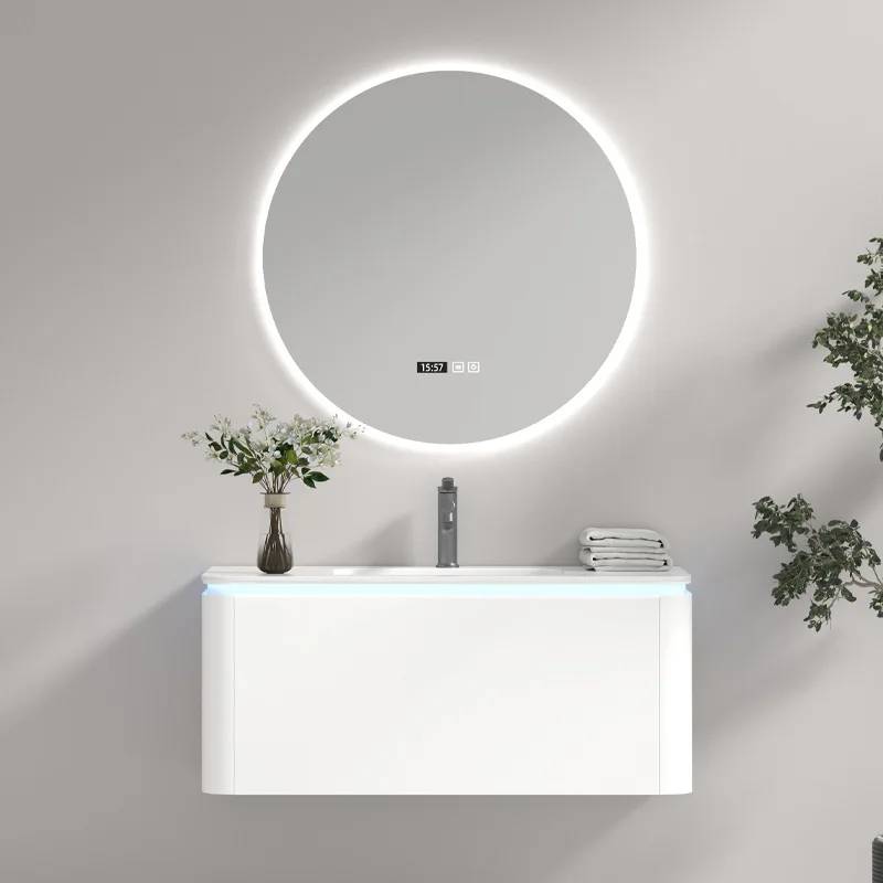 Multi-layer solid wood waterproof, moisture-proof and paint-free board bathroom cabinet ceramic integrated basin rock slab basin