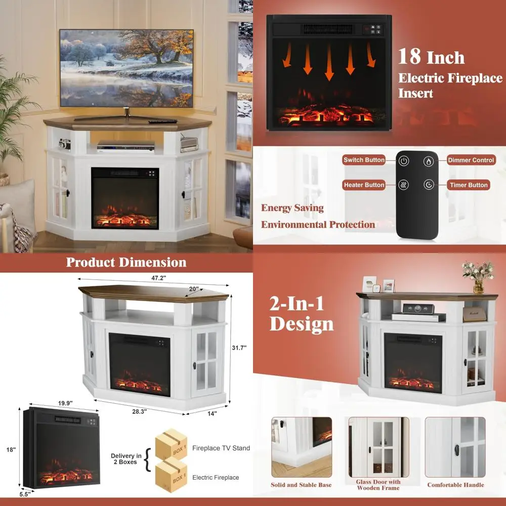 fireplace corner tv stand for tv up to 55 inch, modern tv console with 18 inch electric fireplace, entertainment center with op
