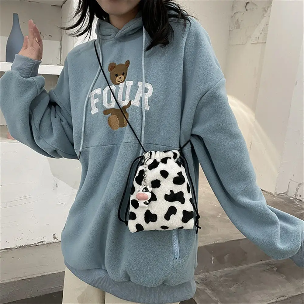 Winter Mini Small Pouch Women Girl Cow Milk Print Plush Crossbody Bag Drawstring Bag