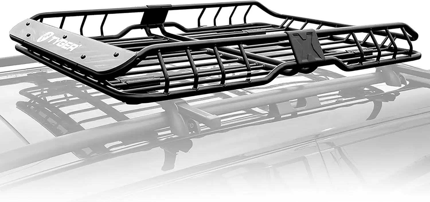 

Heavy Duty Roof Mounted Cargo Basket Rack with Wind Fairing, Black | L57.5 x W42 x H6 | 150 lbs Capacity