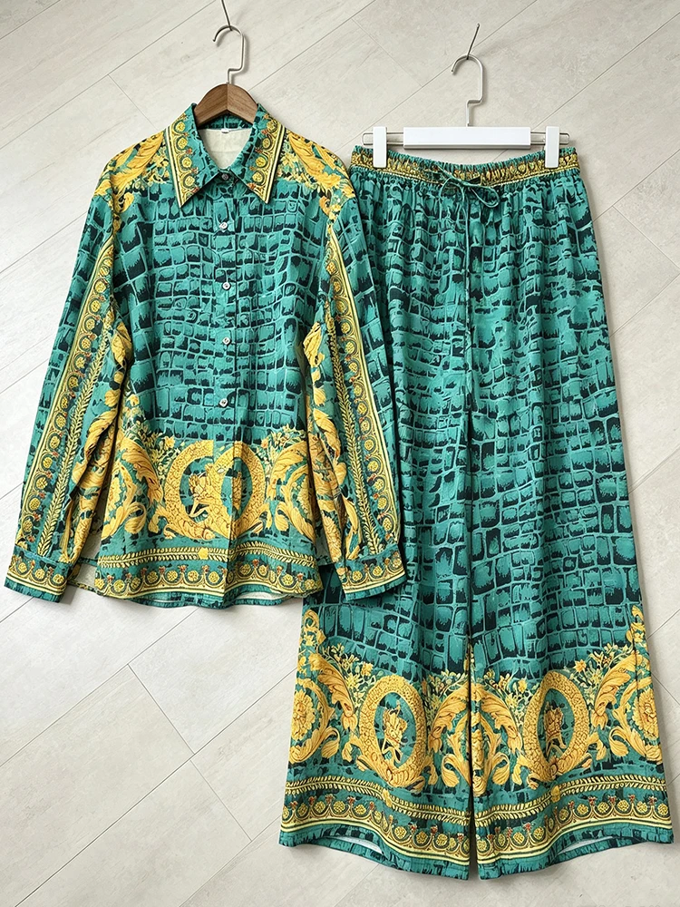 Retro Crocodile Gold Printed Women's New Suit Lapel Single-breasted Long-sleeved Shirt Wide-leg Pants Holiday Two-piece Set