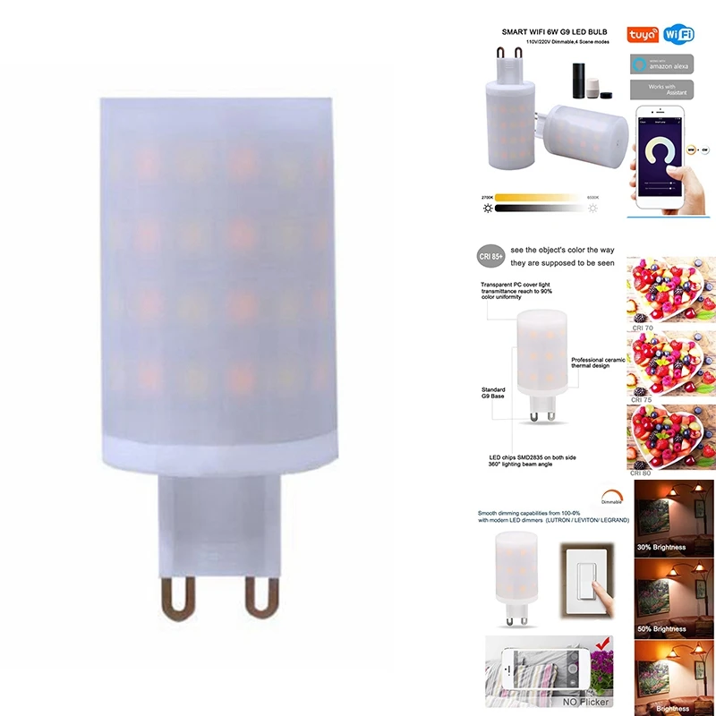 TKOH-Tuya Wifi G9 Luce intelligente dimmerabile G9 6W Lampada a LED Lampadina Luce intelligente Controllo vocale Lampadine LED intelligenti