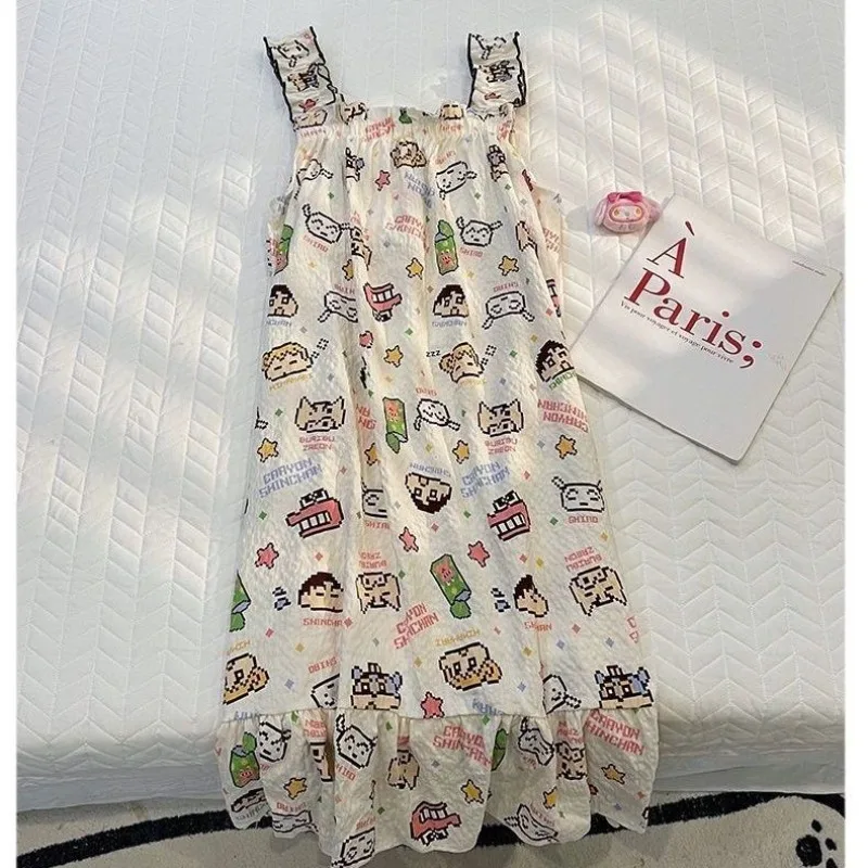 Crayon Shin-chan Nightdress Cute Cartoon Floral Grid Nightdress with Padded Cups Summer New Fashion Leisure Versatile Homewear