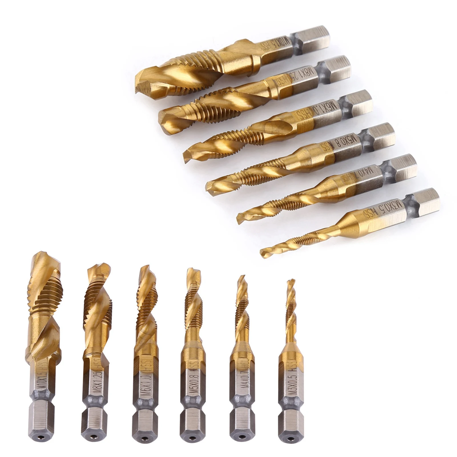 Thread Tap Drill and Tap Bit Metric Thread M3-M10 Titanium Coated HSS Drill and Tap Bits 1/4" Hex Shank Screw Taps Tool Set