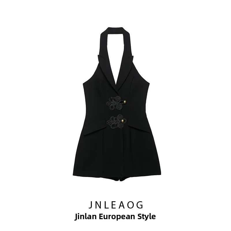 JNLEAOG Summer New Fashionable Knot Buckle Hanging Neck Collar Jumpsuit High Waist Short Pants Polyester Fiber Women's Clothing