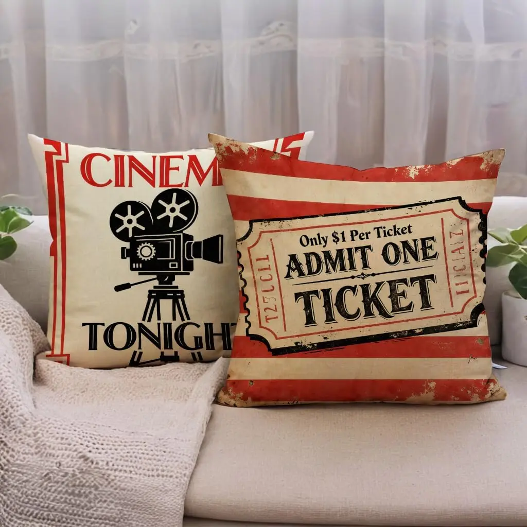 4PCS Vintage Cinema Pillow Case Popcorn Movie Ticket Cushion Cover Retro Film Camera Print Home Theater Decor, Sofa Throw Pillow
