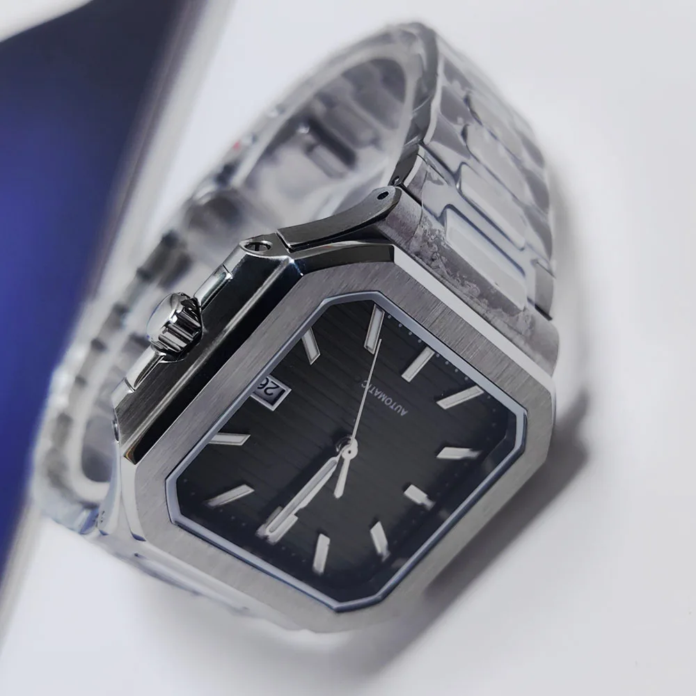 Reloj cuadrado de 38MM, caja de acero inoxidable, pulsera, botón plegable, Esfera luminosa NH35, movimiento mecánico automático, resistente al agua