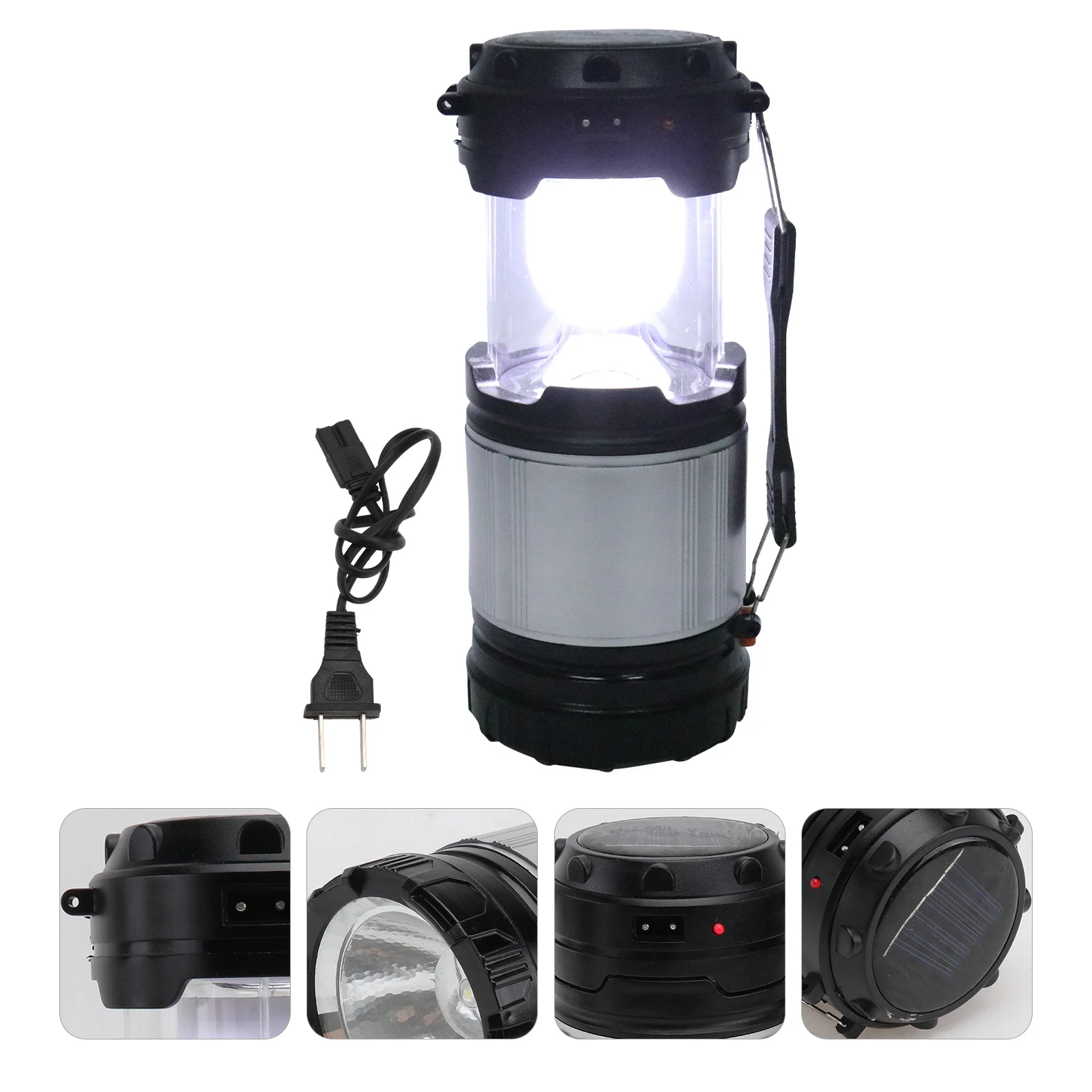 

1Pcs Portable Solar Lantern Flashlight Rechargeable LED Outdoor Camping Light for Hiking Backpacking Fishing Us Plug Silver