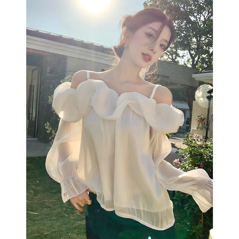 

Ruffled Slash Neck Shirts Women Sweet Satin Off Shoulder Blouses Office Lady Korean Fairy Elegant Long Sleeve Slim Chic Tops