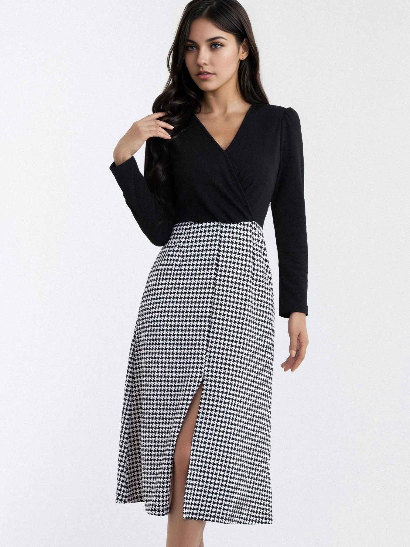 

Women's Houndstooth Plaid Dress with Contrast Waist Split Long Sleeve V-Neck Commuter Dress Stylish Split Design for Casual Wear