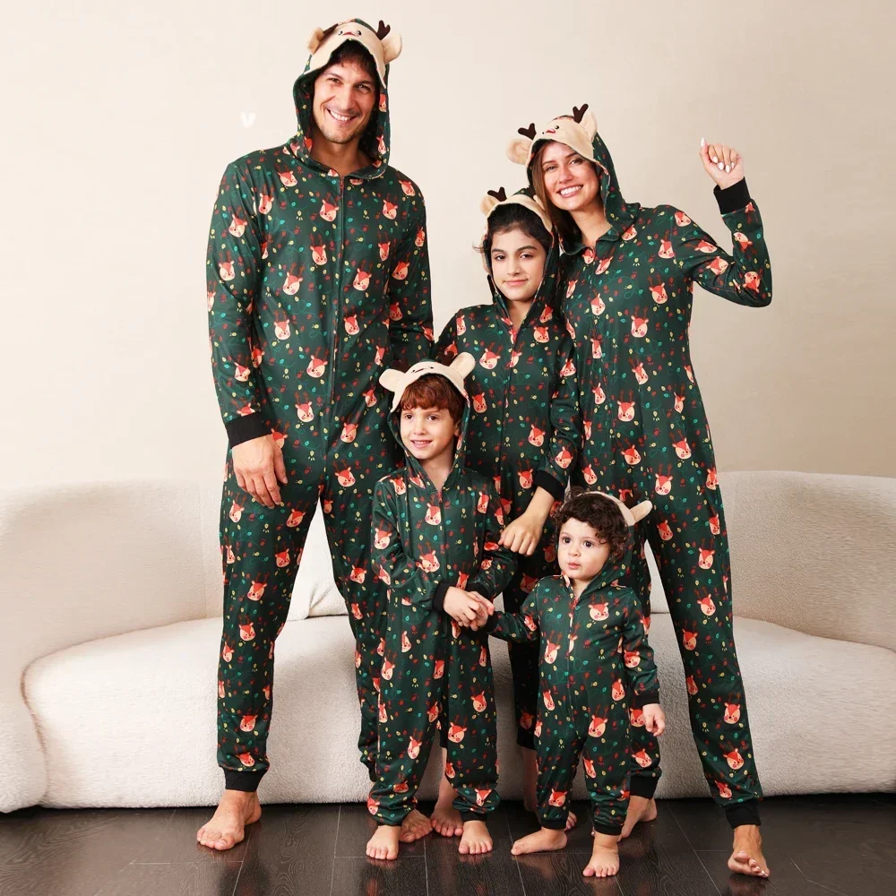 Christmas Family Matching Outfits Ear Long Sleeves Romper Cute Onesie Hooded Zipper Jumpsuit Pajamas 2026 New Xmas Look Wear