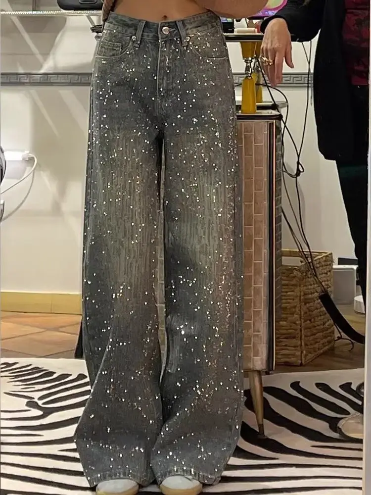

2026 Women Wide Leg Pants Jeans Diamonds Washed Pockets High Waist Vintage Distressed Floor Length Streetwear Denim Trousers