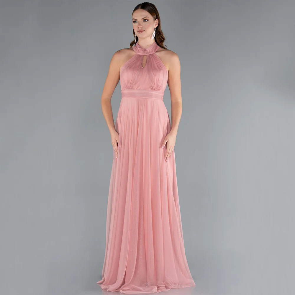 

Dream High Quality Classic Pink Evening Dress Tulle for Floor-Length Halter Sleeveless Prom Dress Vestidos De Fiesta Customized