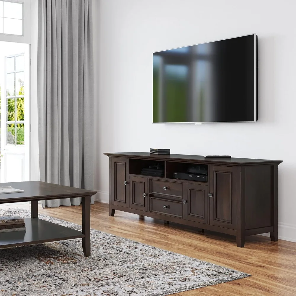 Amherst SOLID WOOD 72 Inch Wide Transitional TV Media Stand in Brunette Brown for TVs up to 80 Inch