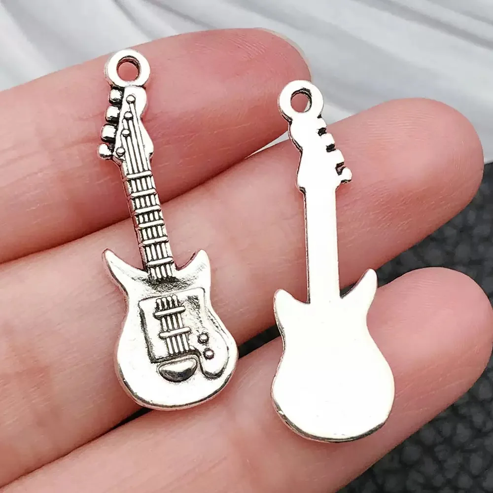 10/20pcs 31x11mm Antique Silver Retro Alloy Bass Guitar Pendants DIY Jewelry Accessories for Bracelet Necklace Keychain Making