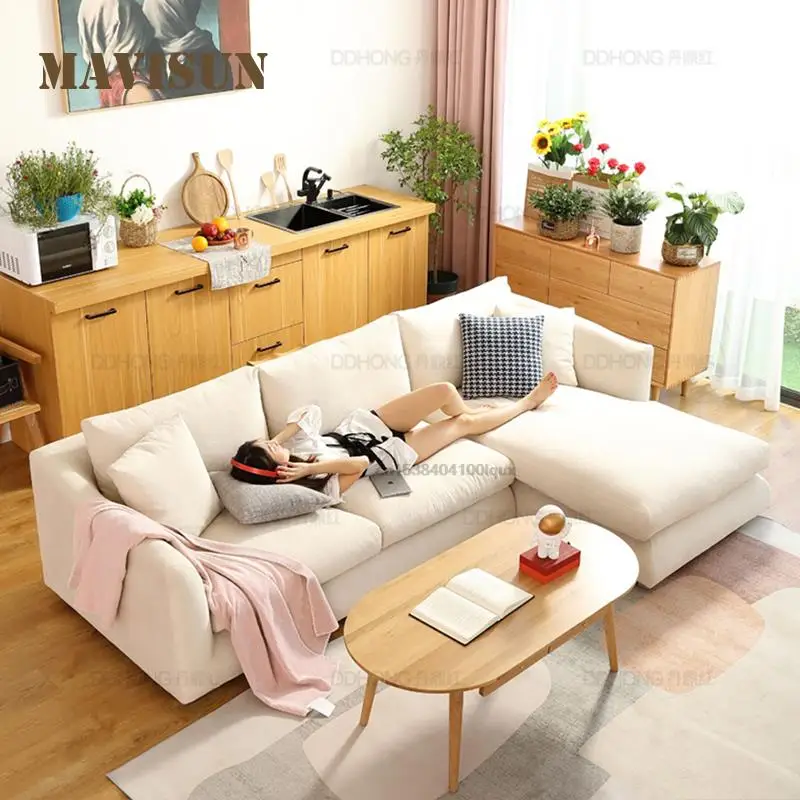 

Nordic Latex Fabric White Sofa Modern Minimalist Living Room Corner Japanese Beige Home Furniture Super Soft Down Sofa Sets