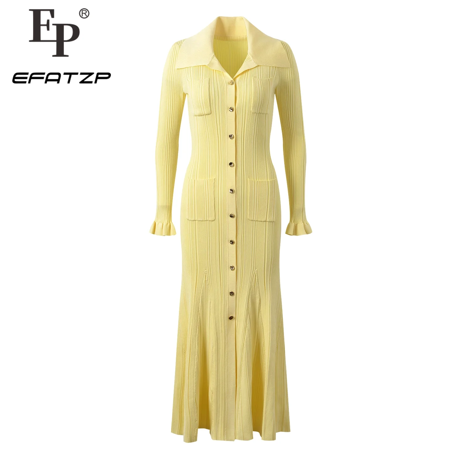 

Elegant Cream Yellow Knitted Dressr 2024 Women Slim Long Sleeved Luxury Dresses 5240072