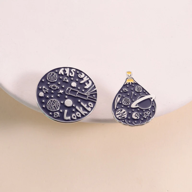 Telescope and Planet Enamel Pin Look to the Sky and Space Balloon Design Cute Universe Style for Stargazers Everyday Outfit