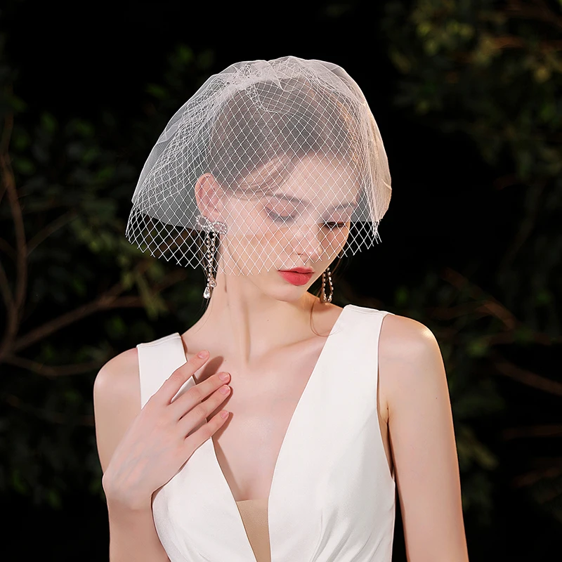 White elegant bride veil, suitable for women's wedding fishing net and bird cage veil