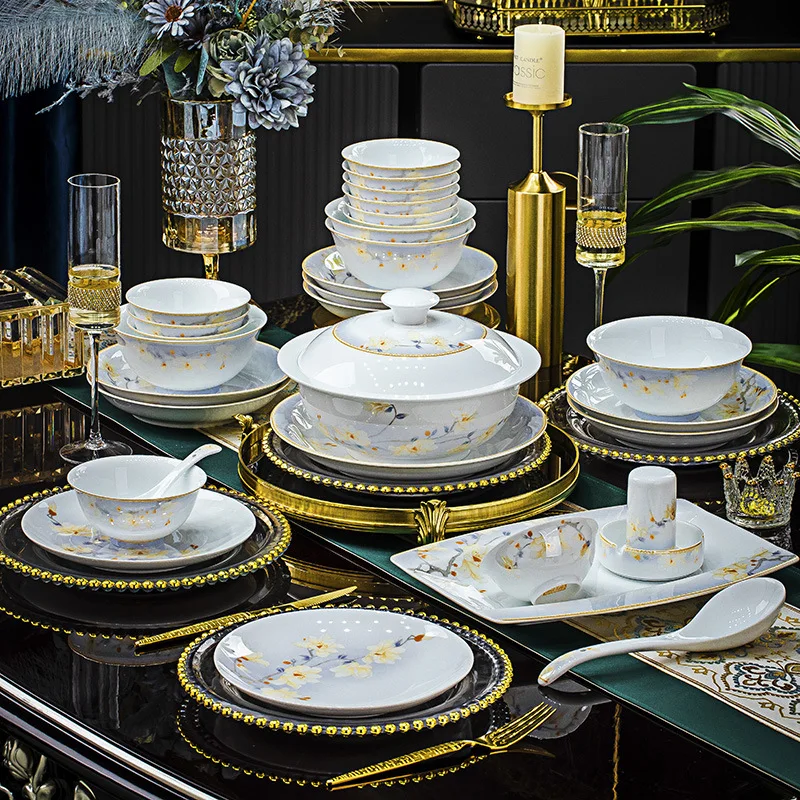 New dishes set Jingdezhen household high-end ceramic high-white porcelain housewarming tableware set gift tableware and chopstic