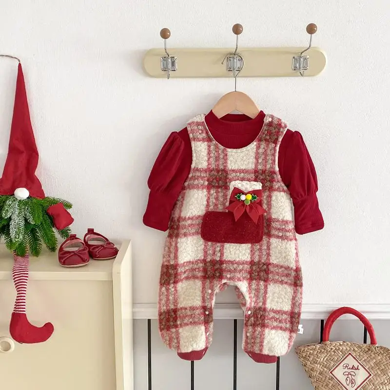 Newborn Plaid Red Jumpsuit Baby Girl Thick Warm Romper Toddler Girls New Year's Birthday Clothes Children Christmas Rompers