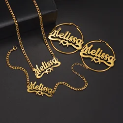 Acheerup Personalized Name Necklace Bracelet for Women Kids Stainless Steel Custom Letters 50mm Hoop Earrings Jewelry Set Gift