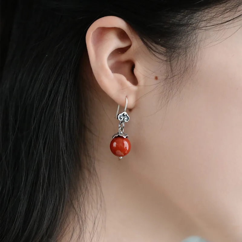 PANJBJ 925 Sterling Silver Red Agate Earrings For Women Circular Retro Ethnic Cloud Versatile Jewelry Birthday Gift Dropshipping view 4