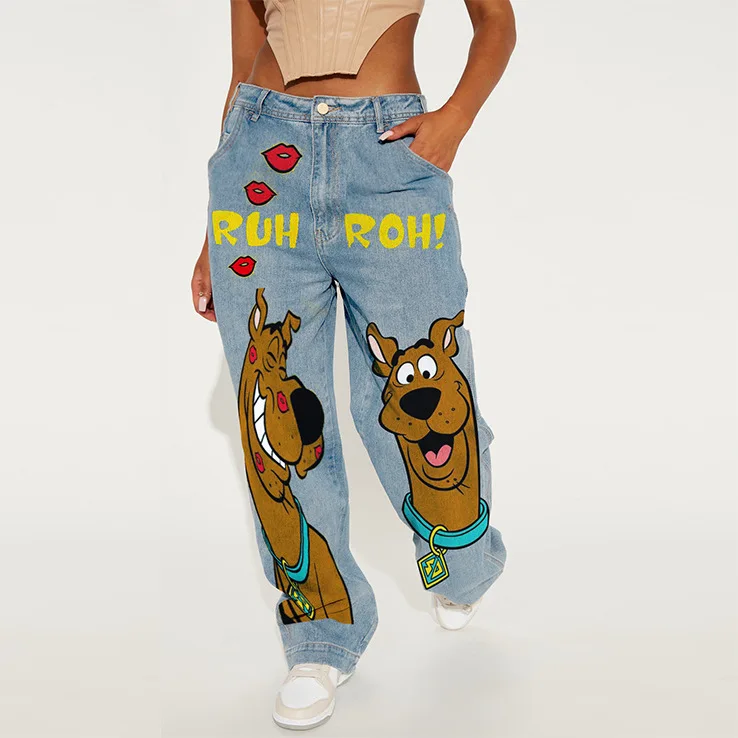 

2024 Women's Jeans Long High Waisted American Style Y2K Cute Dog Print Pattern Wide Leg Pants Floor-Mopping Casual Jeans