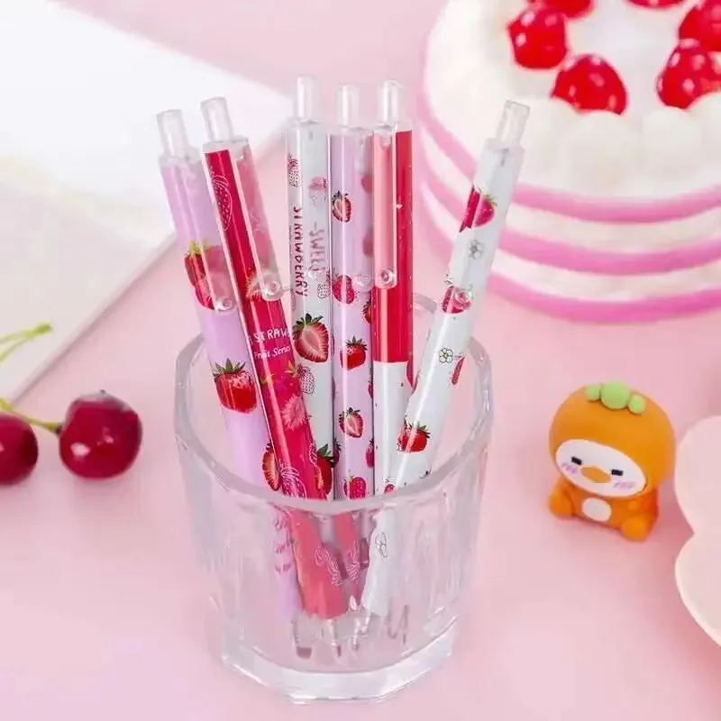 Cute Strawberry Print Retractable Gel Pen 0.5mm Black Ink Student Writing Stationery Office School Supplies