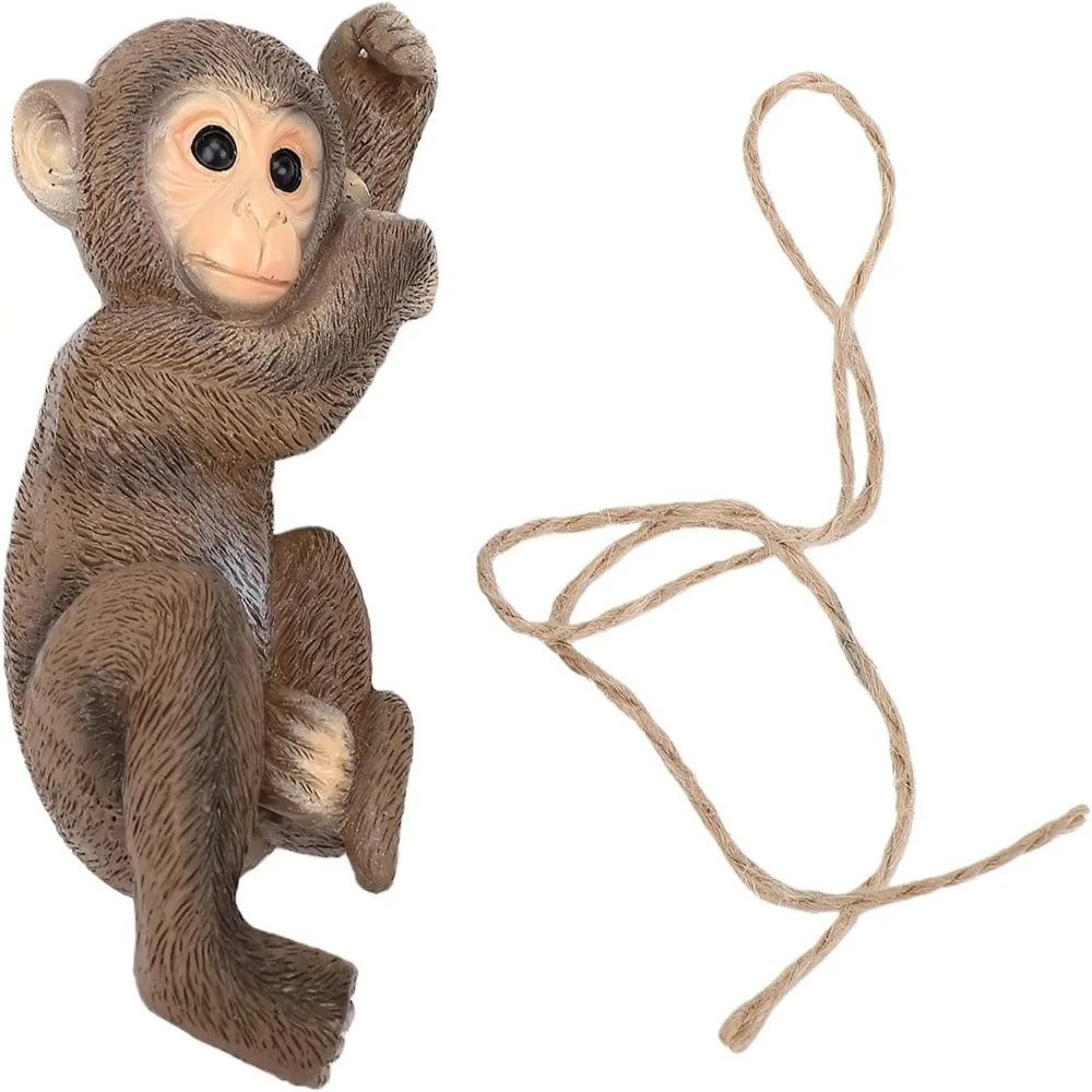 Resin Hanging Monkey Statue Jute Rope Included Weather-Resistant Garden Monkey Statue Lifelike Design Beige