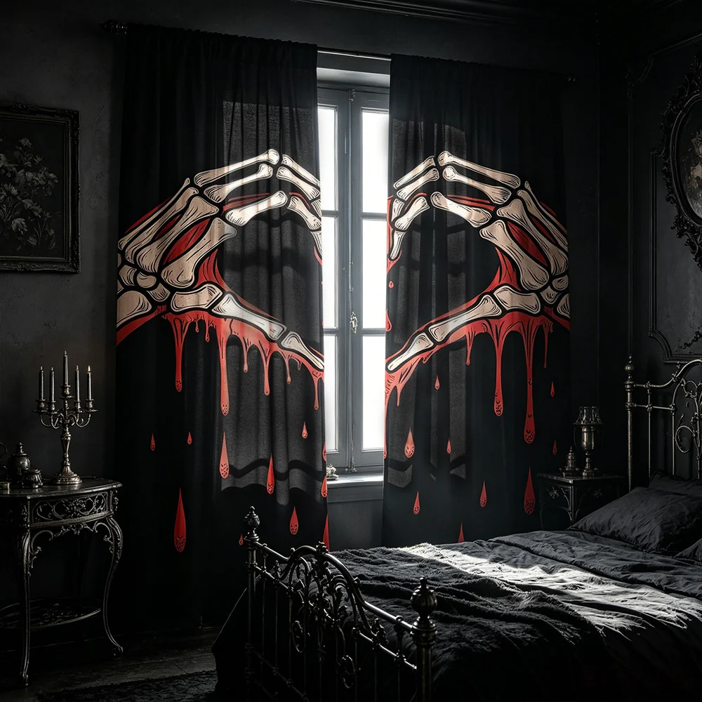 2PCS Skeleton Hand Print Black Curtains, Gothic Halloween Window Drapes for Bedroom Living Room Home Decor
