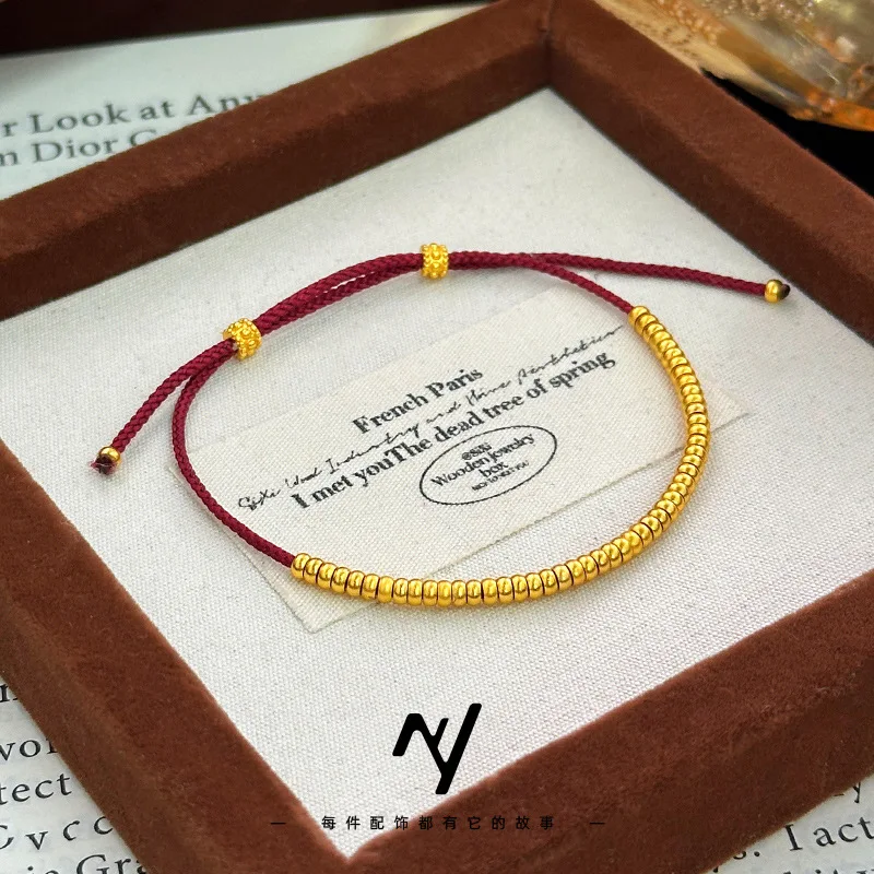9999 24K Real Gold Ultra-thin Red Rope Broken Gold Coiled Beaded Bracelet Adjustable Stackable Women's Bracelet Gift
