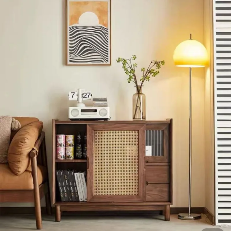 

Solid wood black walnut dining side cabinet simple modern cherry wood tea cabinet white oak rattan glass door locker