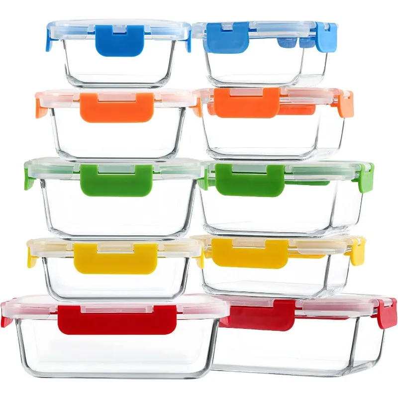 10-Pack Glass Food Storage Container with Lids, Airtight Glass Lunch Containers,No Leaking Glass Meal Prep Container,Microwave