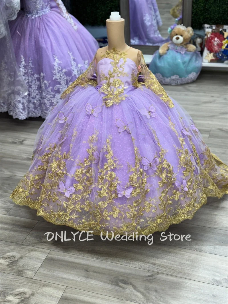 Luxury 2024 Lavender Flower Girls Dress With Bow Beading Butterfly Ball Gown Flowers Golden Applique For Birthday Party Gown