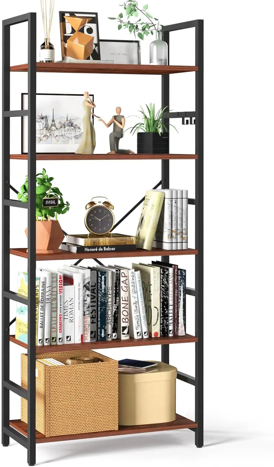 

Yoobure 5 Tier Bookshelf - Tall Book Shelf Modern Bookcase for CDs/Movies/Books, Rustic Book Case Industrial Bookshelves Book St