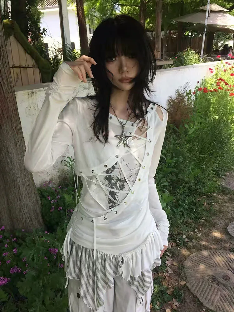 Y2K Fashion Print Punk T Shirts Sets Women Japanese Subculture Lace Up 2000S Tops Autumn Long Sleeve Patchwork Tees Female