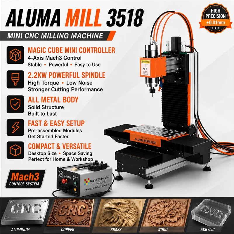 BulkMan3D ALUMA MILL 3518 3-Axis High Precision Vertical CNC Milling Machine 2.2KW Spindle UC300 Mach3 Full Kit Metal Mill
