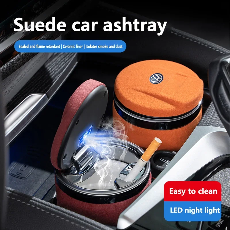 

Vw Car Suede Ashtray With Blue-Ray LED Light Creative Ceramic Ashtray Cigarette Holder with logo For Volkswagen Car Accessories