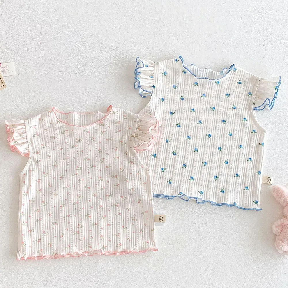 

Girls Shirts Summer New Arrival 2025 Floral Flying Sleeve Toddler Clothes Kids Tops Tees