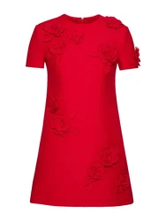 HIGH QUALITY Newest Fashion 2025 Designer O-Neck Short Sleeve Flowers Appliques Mini Dress For Women