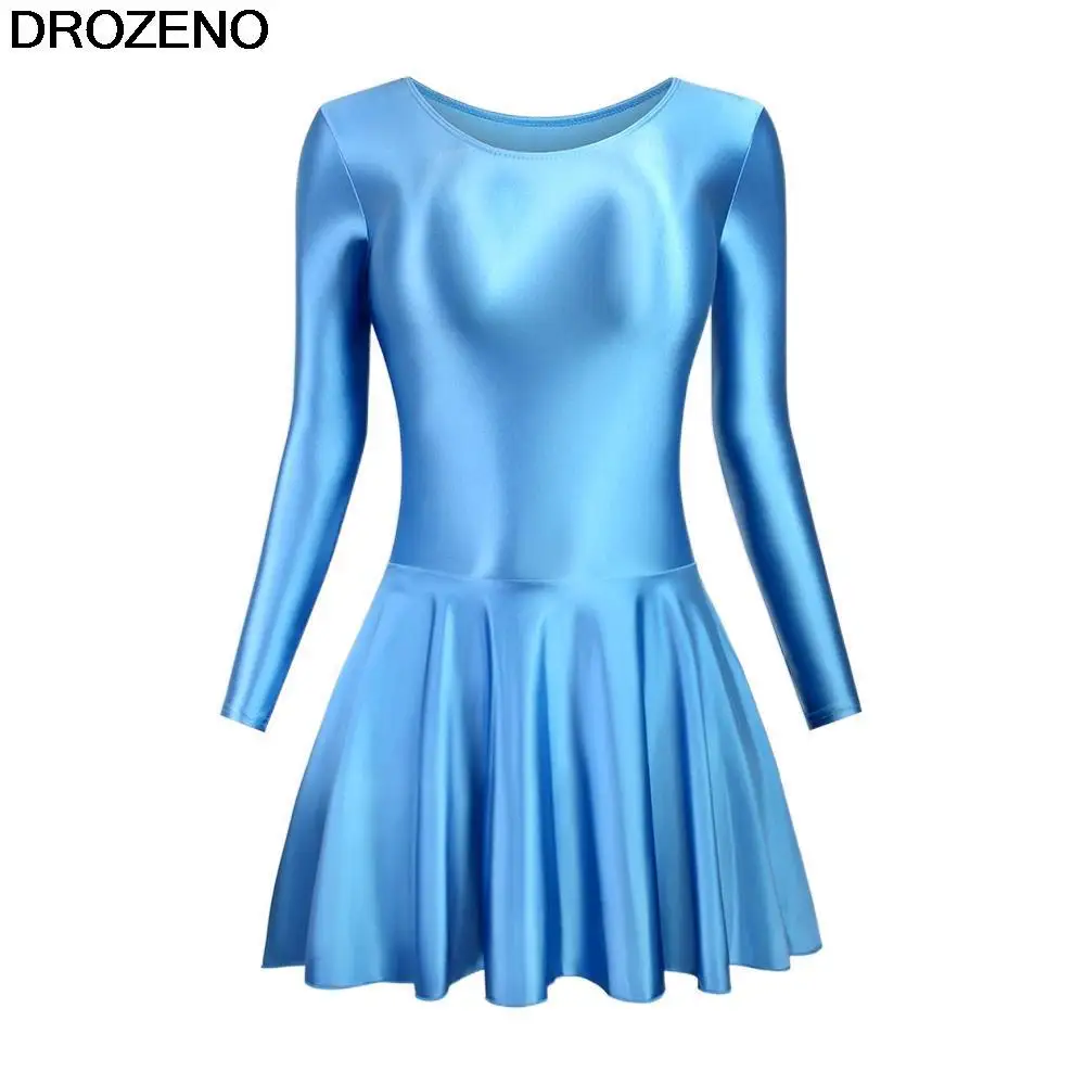 Drozeno stretto sexy lucido setoso gonna attillata di un pezzo sport Yoga balletto danza vestito manica lunga corpo gonna costume intero