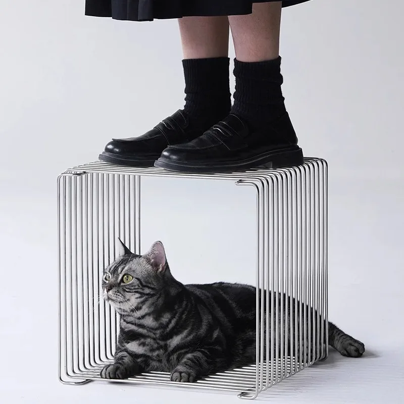 Modern Square Chrome Wire Coffee Table, Minimalist Center Table for Living Room, Contemporary Metal Wire Cube Tea Table, Decorat